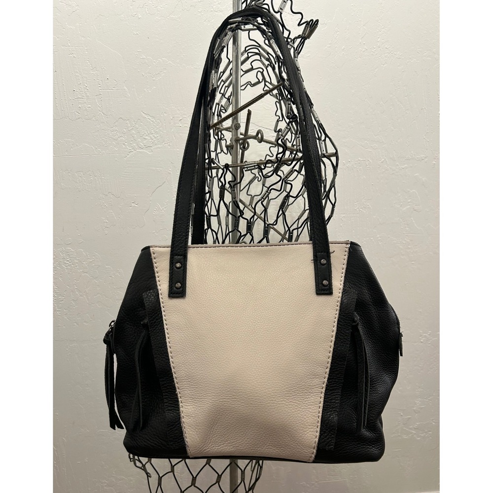 The Sak Black Cream Colorblock Pebbled Leather Tote Shoulder Bag Tassel Detail